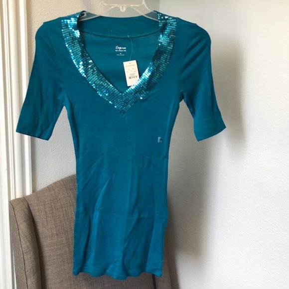 Express tunic, teal with sequin V neck tunic - Picture 1 of 8